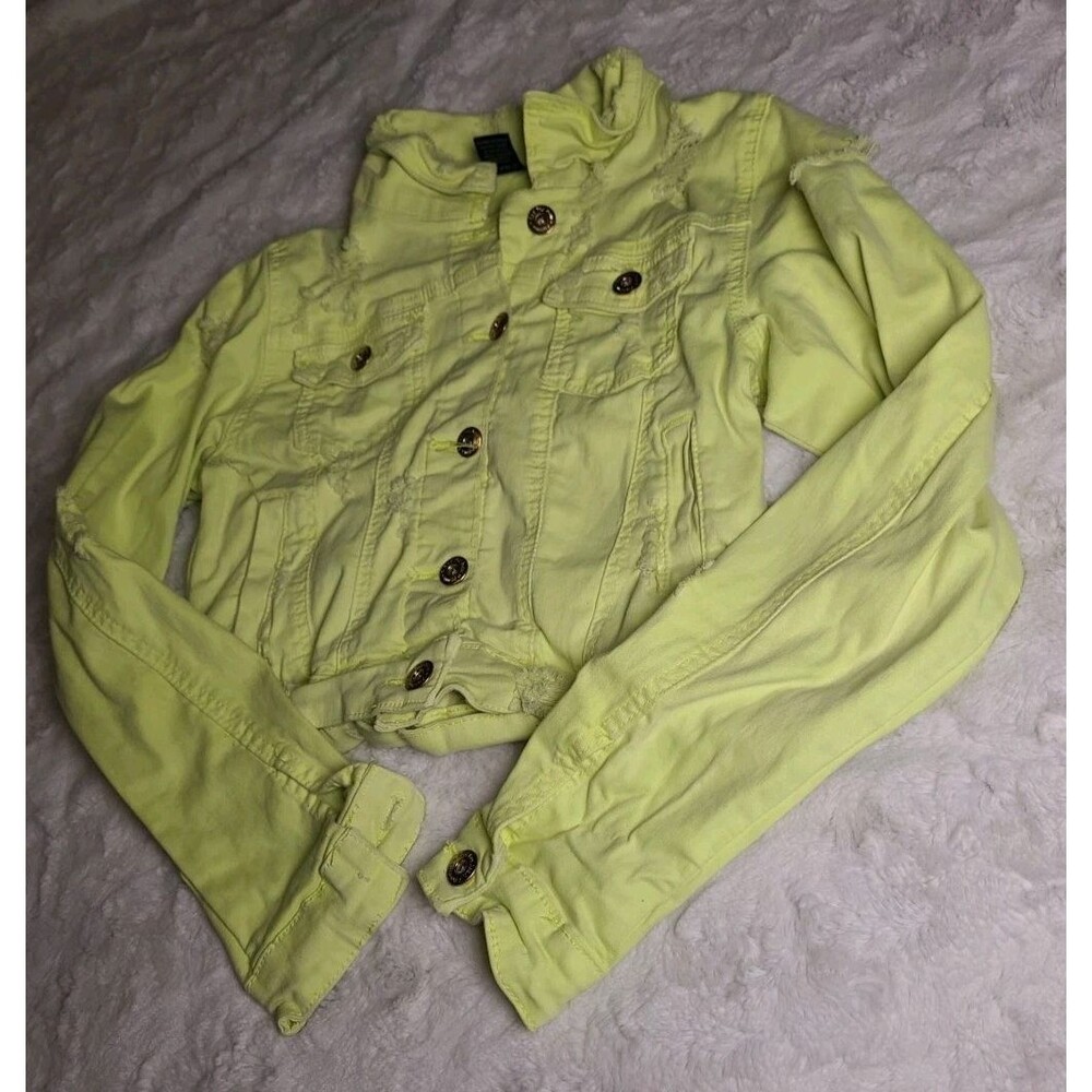 Redfox Distressed Denim Jacket Womens Medium Bright Yellow Retro Grunge